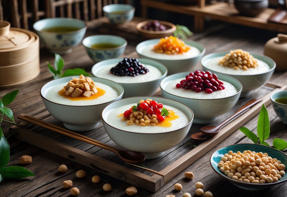 Several bowls of tofu pudding desserts with traditional toppings on a wooden table, surrounded by soybeans and ceramic teacups in a kitchen setting.