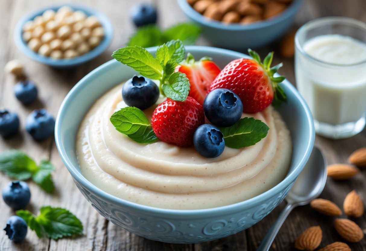 A bowl of creamy tofu pudding dessert garnished with fresh berries and mint leaves, surrounded by soybeans and almonds on a wooden table.