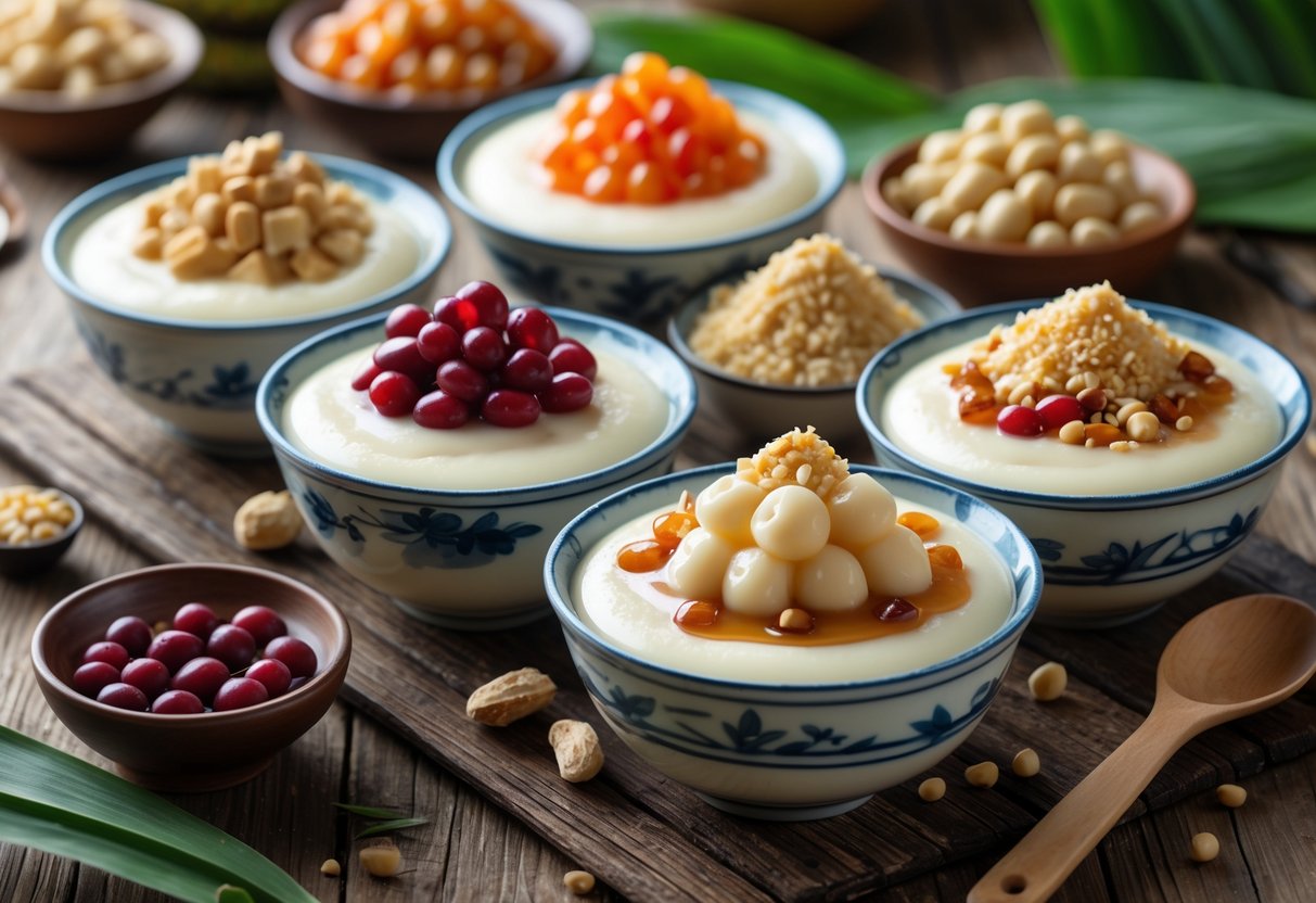 A table with several bowls of tofu pudding desserts topped with syrup, red beans, tapioca pearls, and crushed peanuts.
