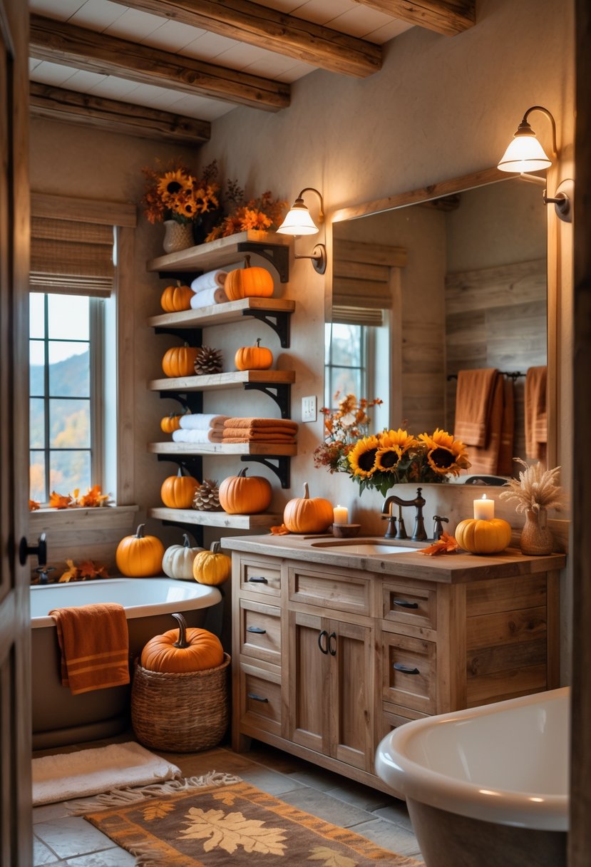 18 Rustic Bathroom Fall Makeover Ideas for a Cozy Seasonal Refresh 2 A rustic bathroom decorated with autumn-themed items including pumpkins, candles, and warm-colored towels.
