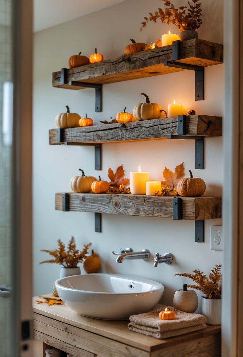 18 Rustic Bathroom Fall Makeover Ideas for a Cozy Seasonal Refresh 3 Bathroom with reclaimed wood shelves holding autumn decorations above a white sink.