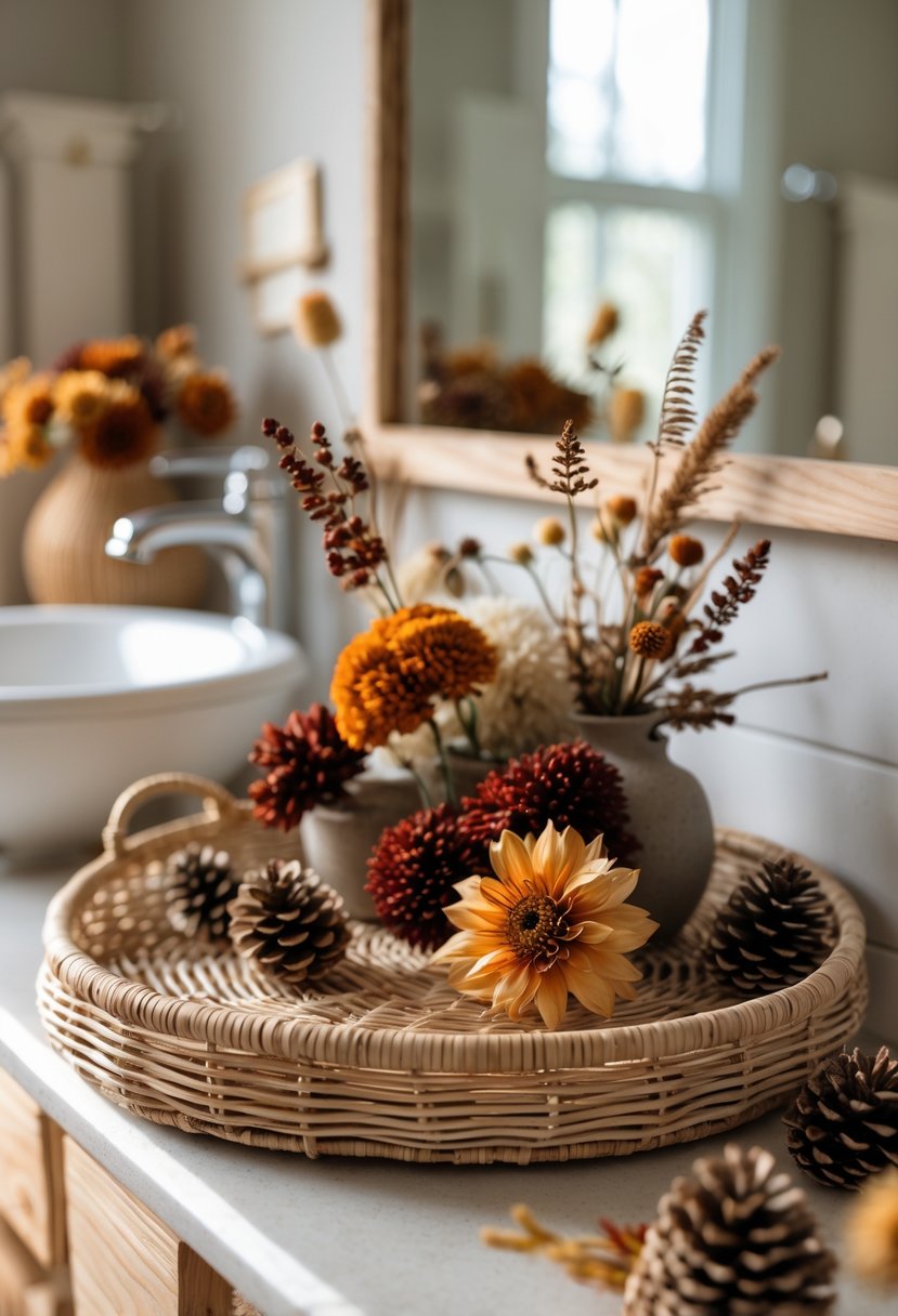 18 Rustic Bathroom Fall Makeover Ideas for a Cozy Seasonal Refresh 4 A wicker tray holding dried flowers and pine cones on a bathroom countertop with towels and a sink in the background.
