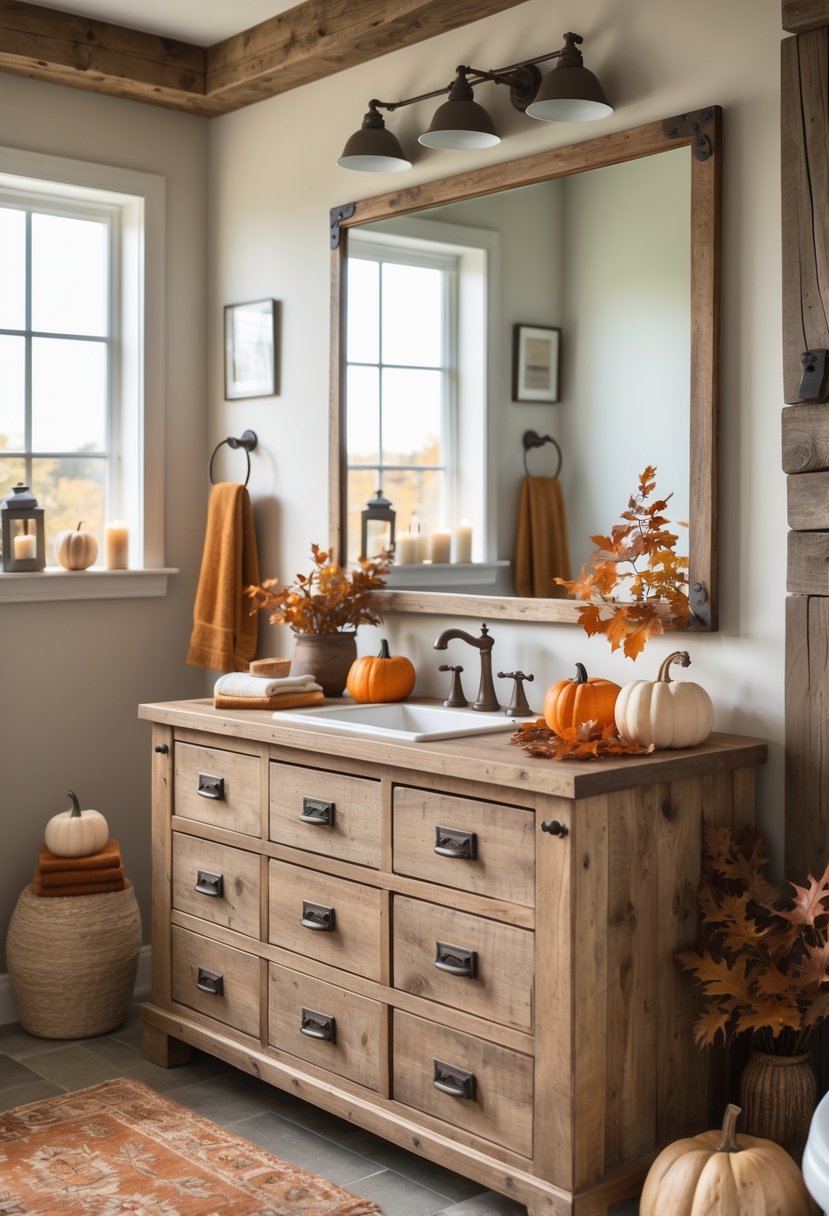 18 Rustic Bathroom Fall Makeover Ideas for a Cozy Seasonal Refresh 5 A bathroom with a large wooden dresser used as a vanity, decorated with fall-themed items like pumpkins and candles.