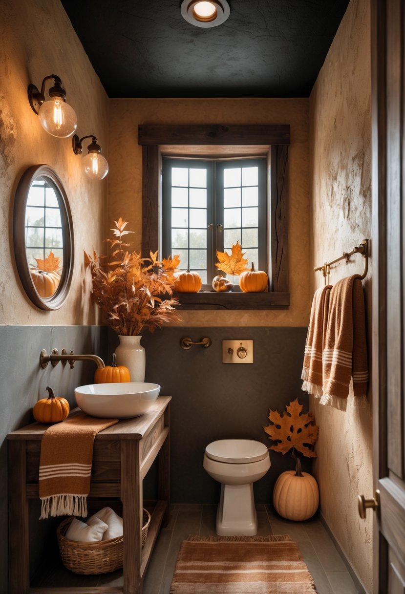 18 Rustic Bathroom Fall Makeover Ideas for a Cozy Seasonal Refresh 6 Rustic bathroom with a black ceiling, wooden vanity, and autumn decorations.