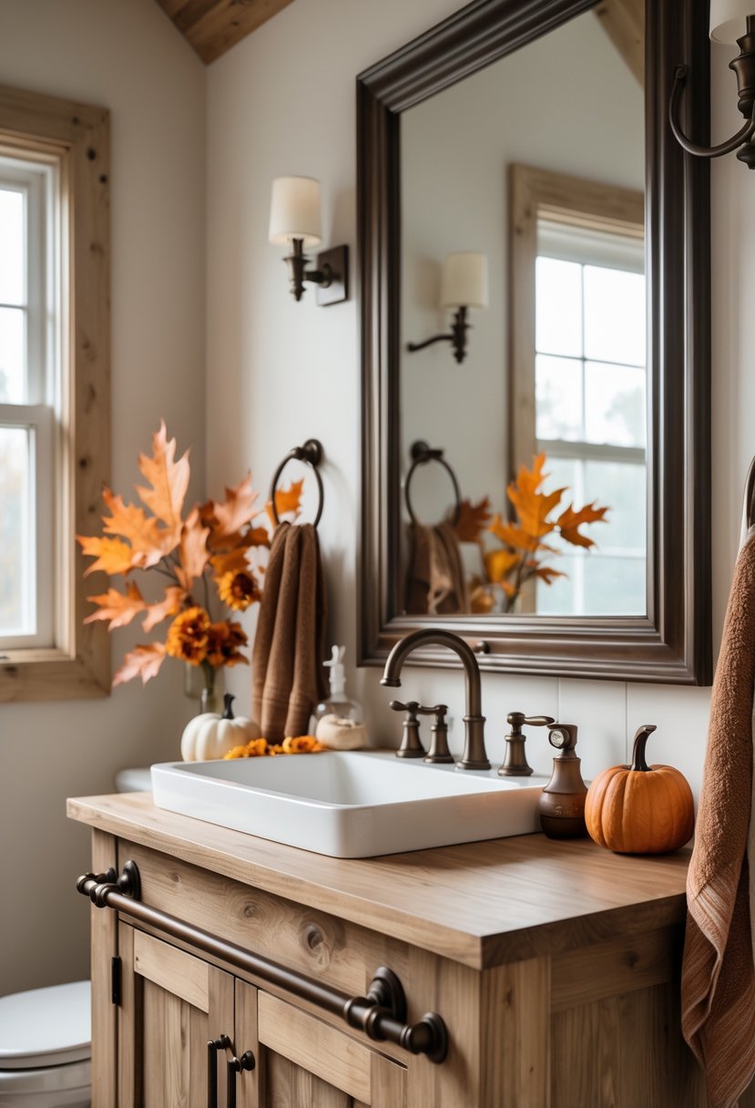 18 Rustic Bathroom Fall Makeover Ideas for a Cozy Seasonal Refresh 7 A bathroom with oil-rubbed bronze fixtures, wooden vanity, and fall-themed decorations including pumpkins and dried flowers.