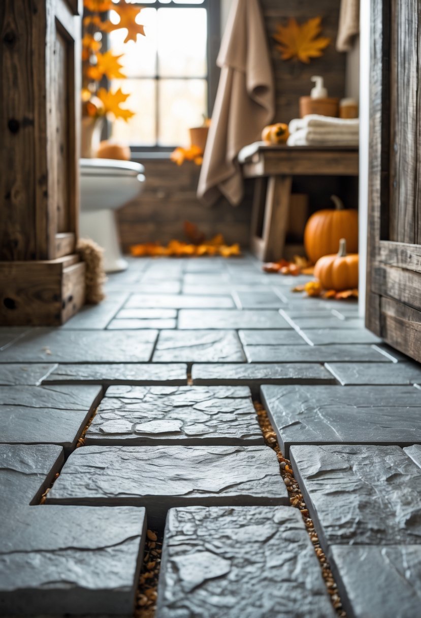 18 Rustic Bathroom Fall Makeover Ideas for a Cozy Seasonal Refresh 8 A bathroom floor with gray stone tiles being installed, surrounded by rustic bathroom elements and fall decorations.