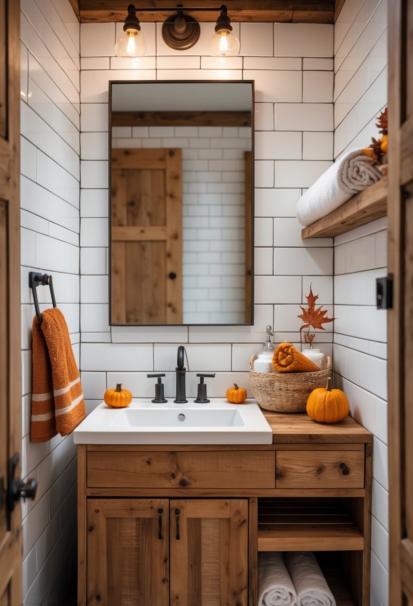 18 Rustic Bathroom Fall Makeover Ideas for a Cozy Seasonal Refresh 9 A bathroom with white subway tiled walls, wooden vanity, autumn decorations, and warm lighting.