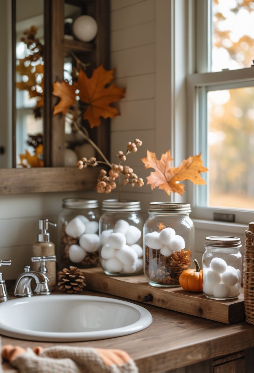 18 Rustic Bathroom Fall Makeover Ideas for a Cozy Seasonal Refresh 10 A bathroom countertop with vintage mason jars used for storage, decorated with autumn leaves and small pumpkins.