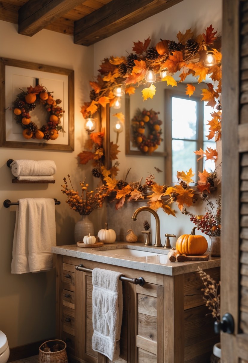18 Rustic Bathroom Fall Makeover Ideas for a Cozy Seasonal Refresh 11 A rustic bathroom decorated with autumn-themed garlands hanging on the walls and mirror, featuring fall leaves and seasonal decor.