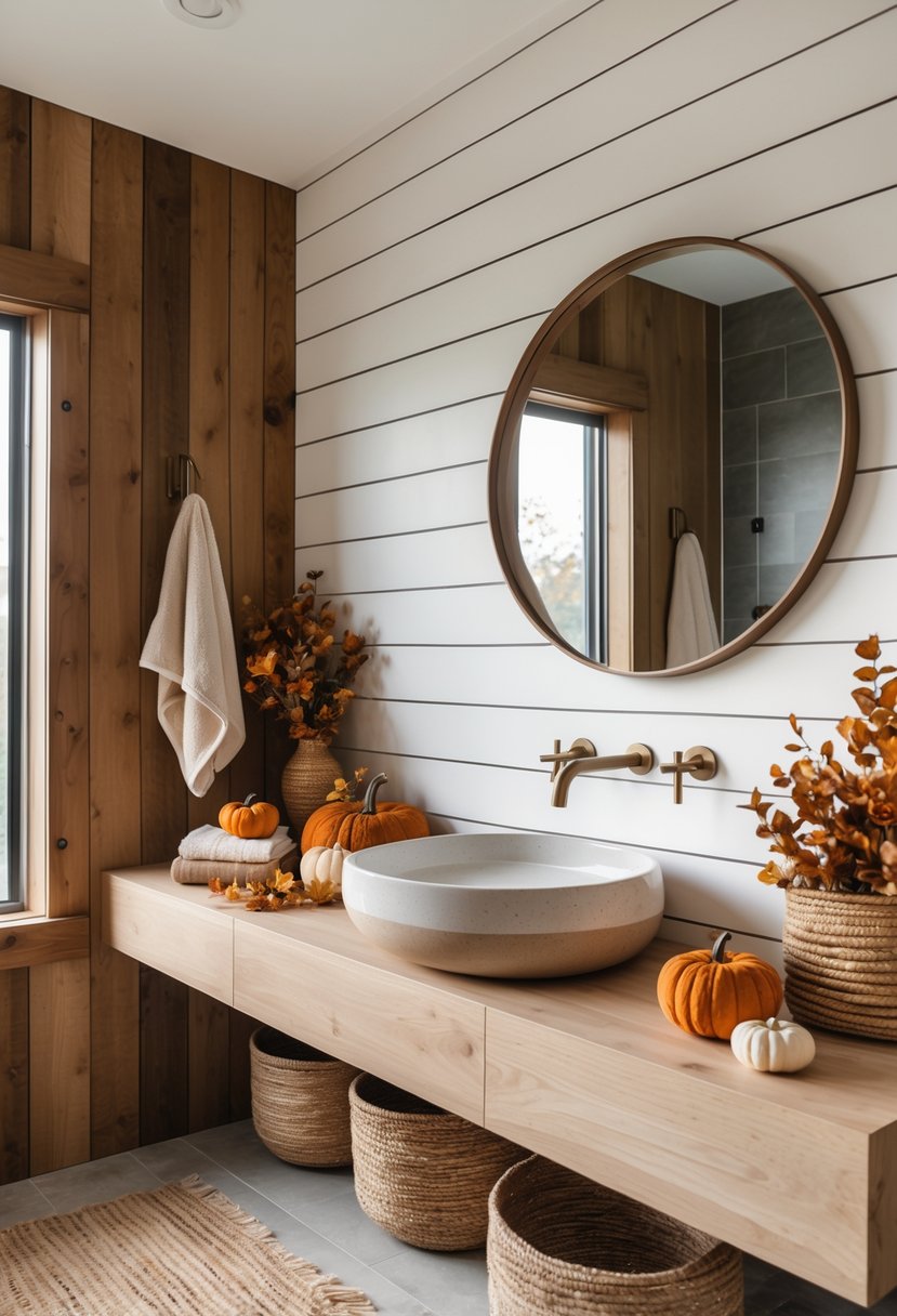 18 Rustic Bathroom Fall Makeover Ideas for a Cozy Seasonal Refresh 12 A bathroom with shiplap walls, a vanity with a sink and mirror, and autumn-themed decorations.