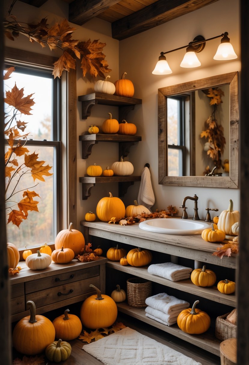 18 Rustic Bathroom Fall Makeover Ideas for a Cozy Seasonal Refresh 13 A rustic bathroom with small pumpkins and gourds arranged on wooden counters as fall decorations.