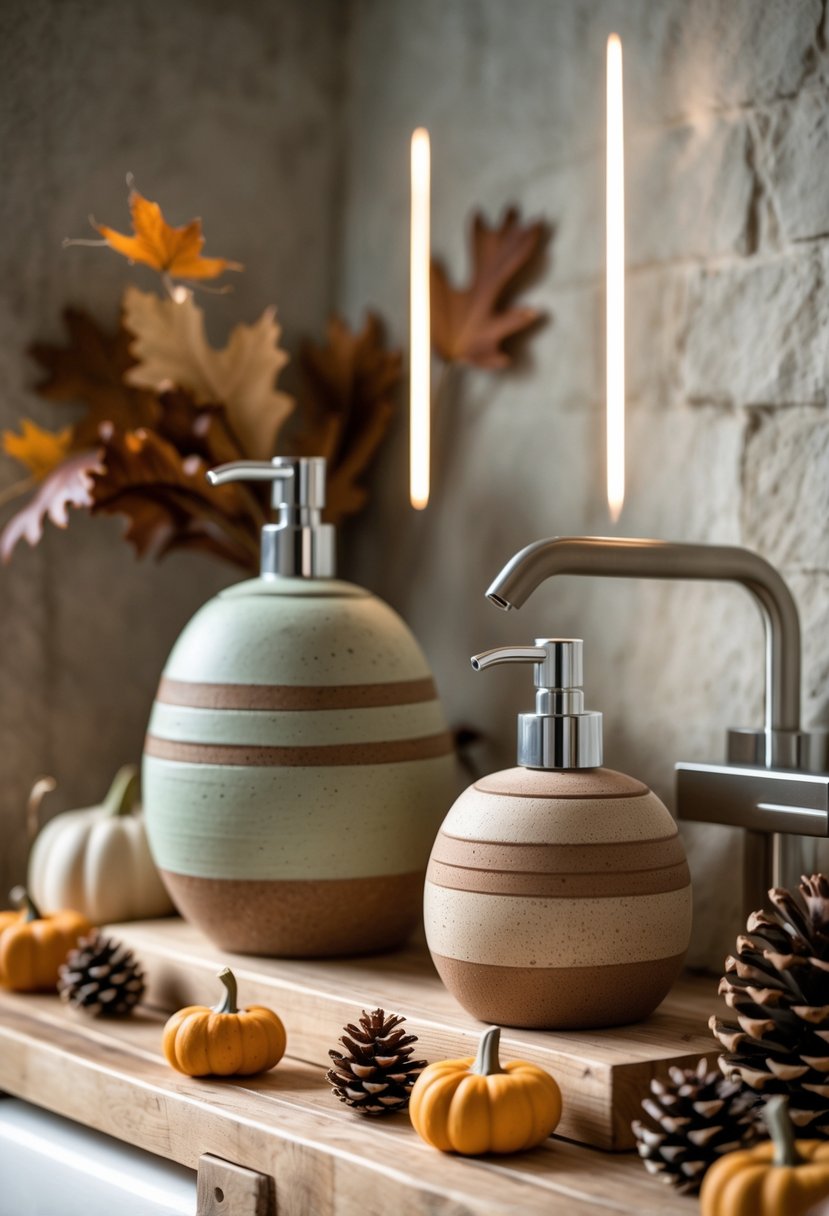 18 Rustic Bathroom Fall Makeover Ideas for a Cozy Seasonal Refresh 14 Stoneware soap dispensers on a wooden bathroom countertop with autumn decorations.