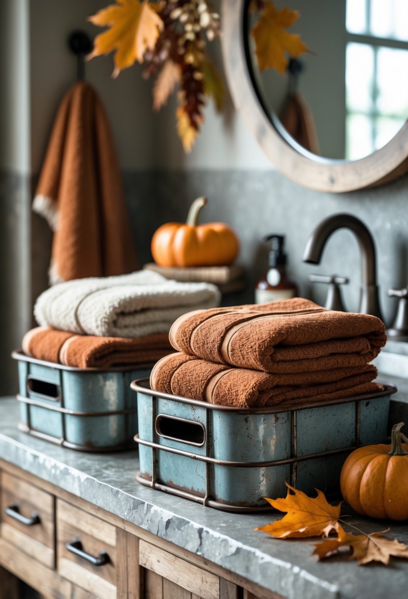 18 Rustic Bathroom Fall Makeover Ideas for a Cozy Seasonal Refresh 15 A rustic bathroom with tarnished metal baskets holding folded towels and autumn decorations.