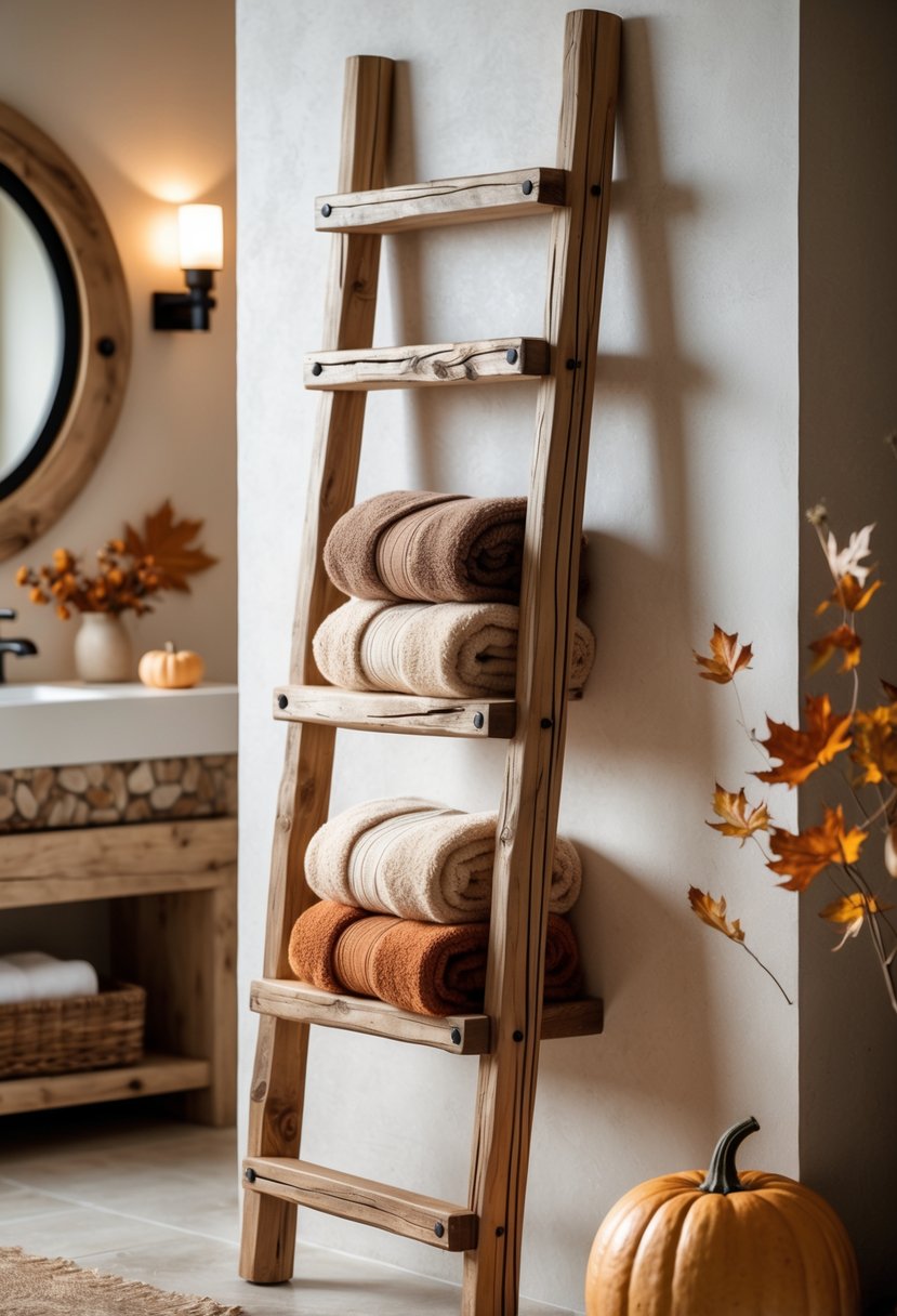 18 Rustic Bathroom Fall Makeover Ideas for a Cozy Seasonal Refresh 16 A wooden ladder towel rack holding folded towels in a bathroom decorated with autumn accents.