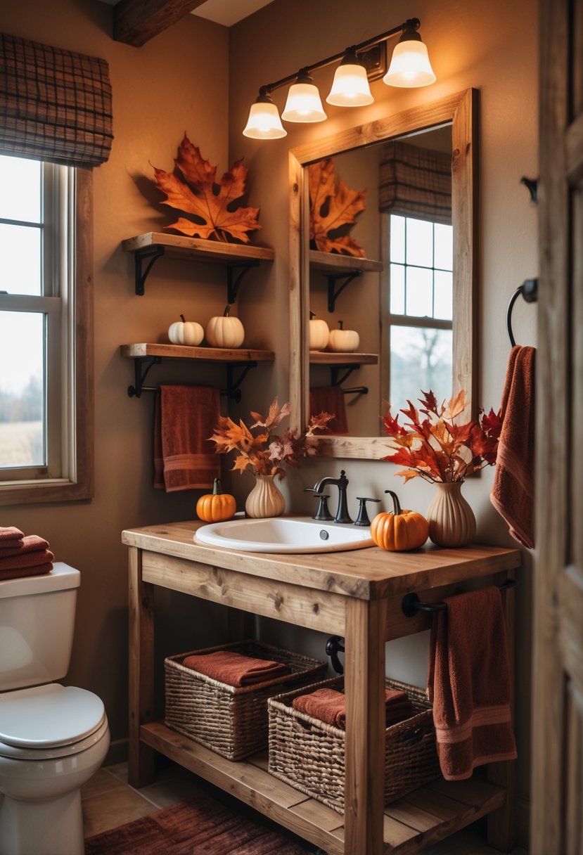 18 Rustic Bathroom Fall Makeover Ideas for a Cozy Seasonal Refresh 17 A rustic bathroom decorated with warm autumn colors, including wooden furniture and fall-themed decorations.