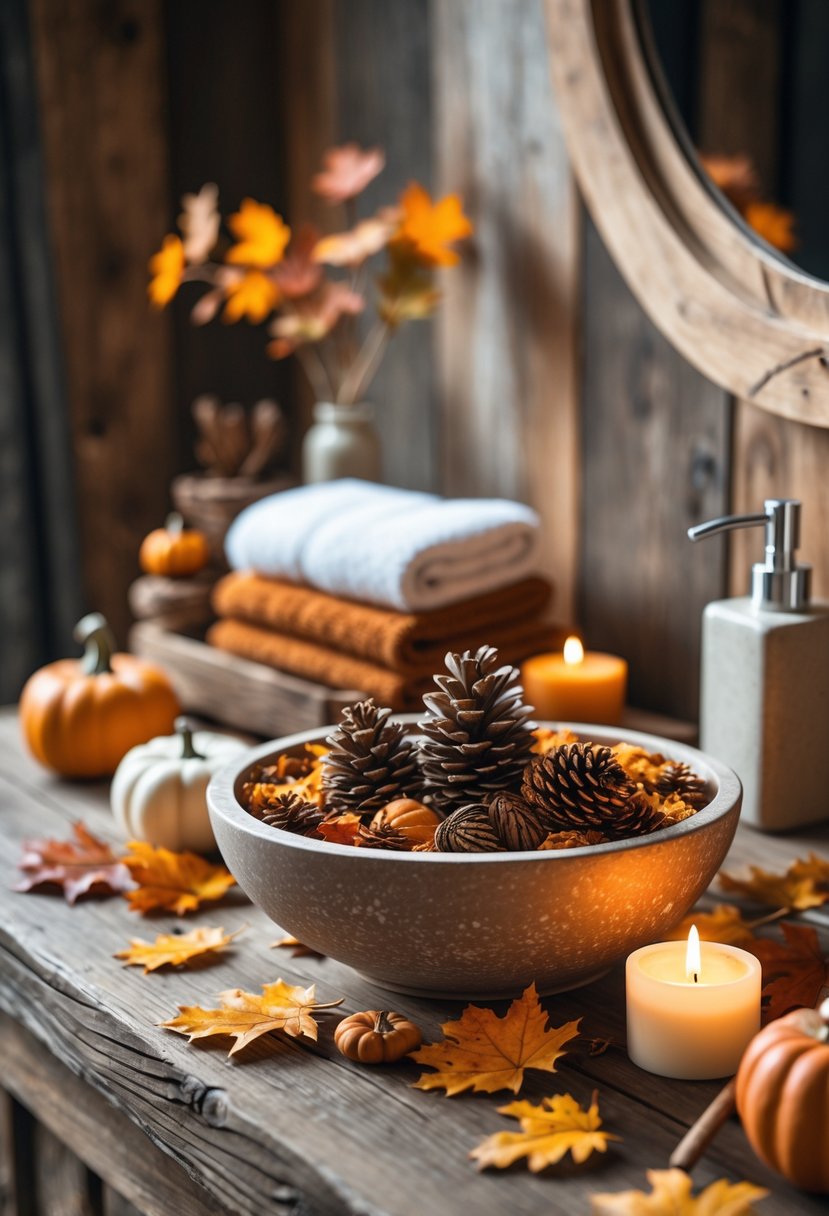 18 Rustic Bathroom Fall Makeover Ideas for a Cozy Seasonal Refresh 18 A rustic bathroom countertop decorated with a bowl of pine cone potpourri, small pumpkins, dried leaves, and candles for a fall makeover.