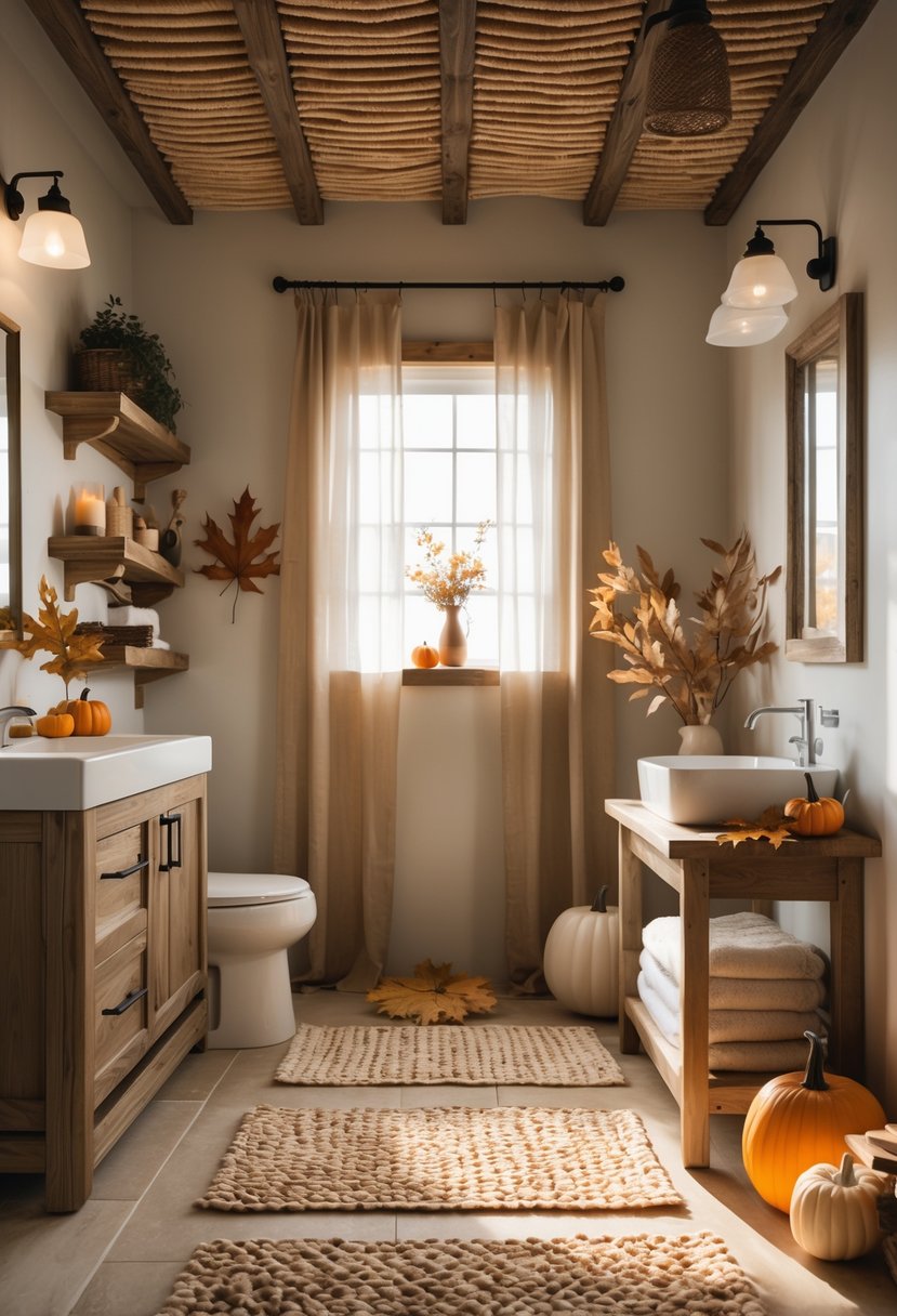 18 Rustic Bathroom Fall Makeover Ideas for a Cozy Seasonal Refresh 19 A rustic bathroom with natural fiber rugs on the floor, wooden accents, autumn decorations, and soft natural light.