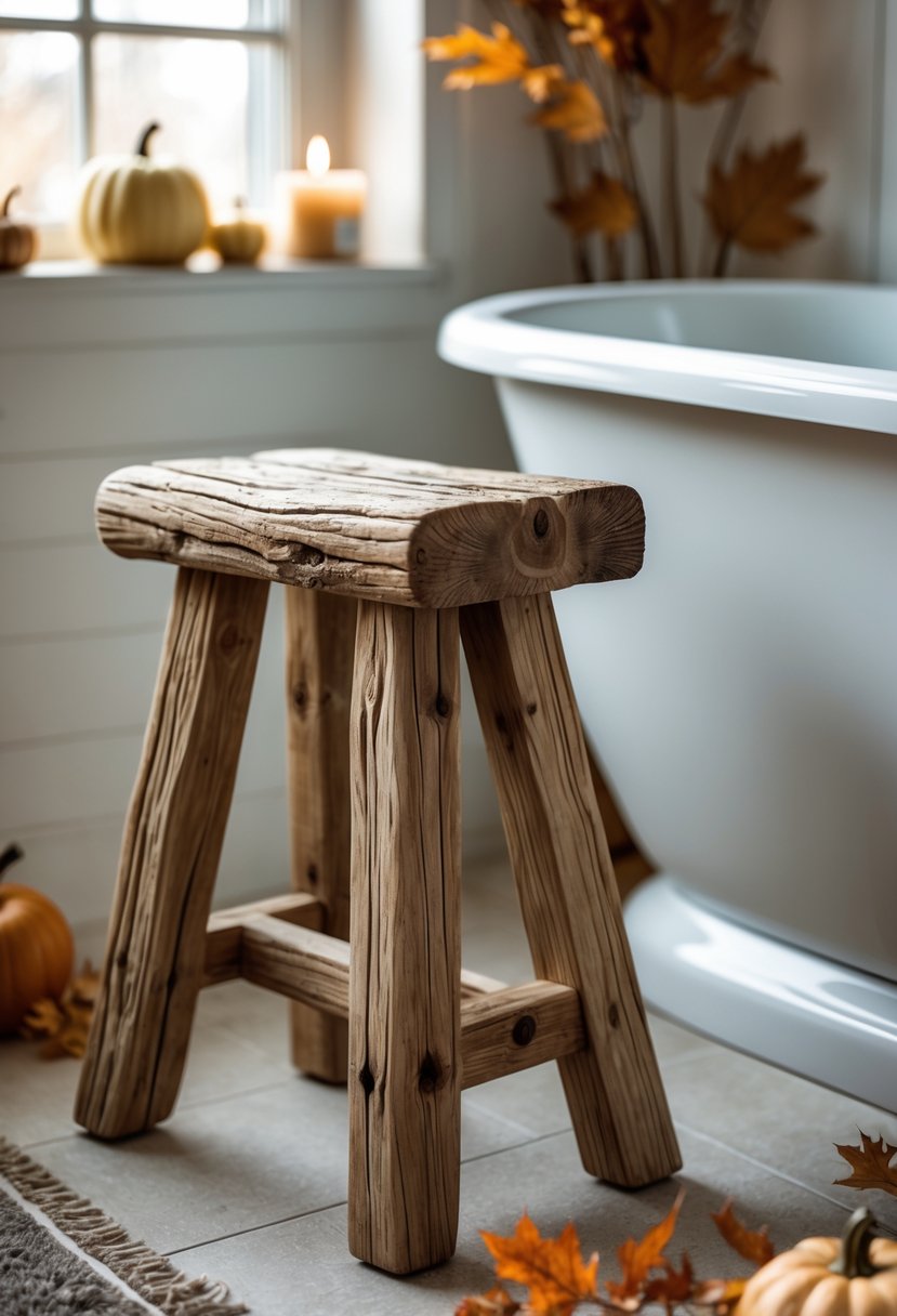 18 Rustic Bathroom Fall Makeover Ideas for a Cozy Seasonal Refresh 20 A rustic wooden stool placed next to a white bathtub in a bathroom with autumn decorations.