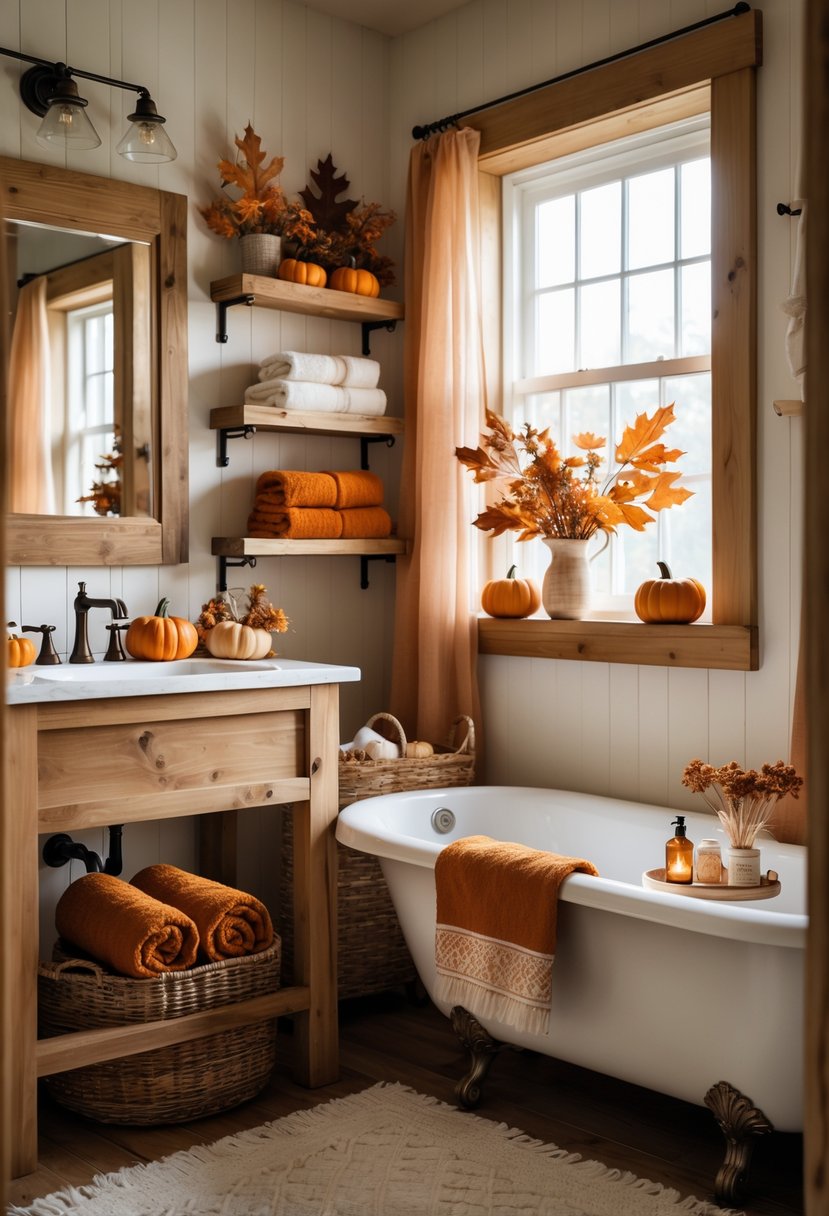 18 Rustic Bathroom Fall Makeover Ideas for a Cozy Seasonal Refresh 21 A bathroom with a wooden-framed mirror, clawfoot bathtub, and autumn decorations including pumpkins and dried leaves.