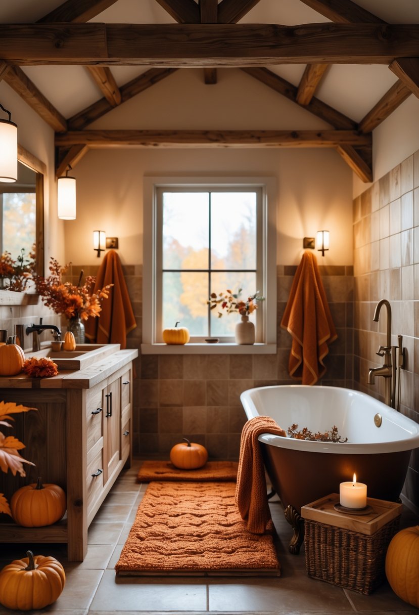 18 Rustic Bathroom Fall Makeover Ideas for a Cozy Seasonal Refresh 22 A rustic bathroom decorated with fall-themed items including pumpkins, warm towels, and a freestanding bathtub with a candle and flowers, illuminated by soft natural light.