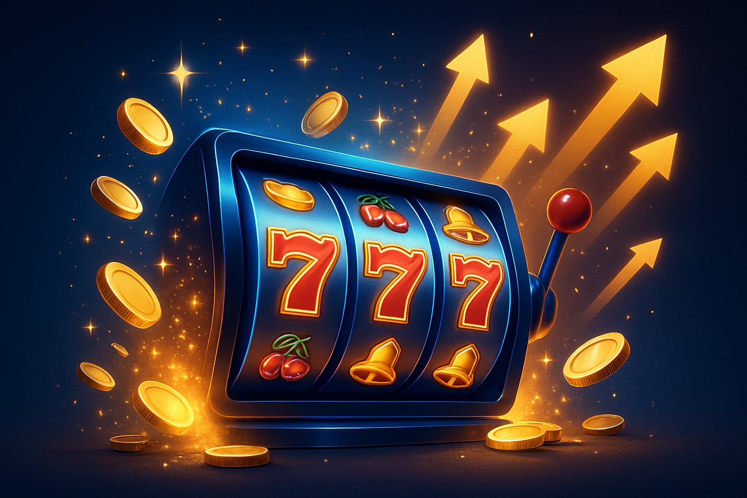 Mesin slot modern dengan simbol berputar dan koin yang keluar menandakan kemenangan besar.