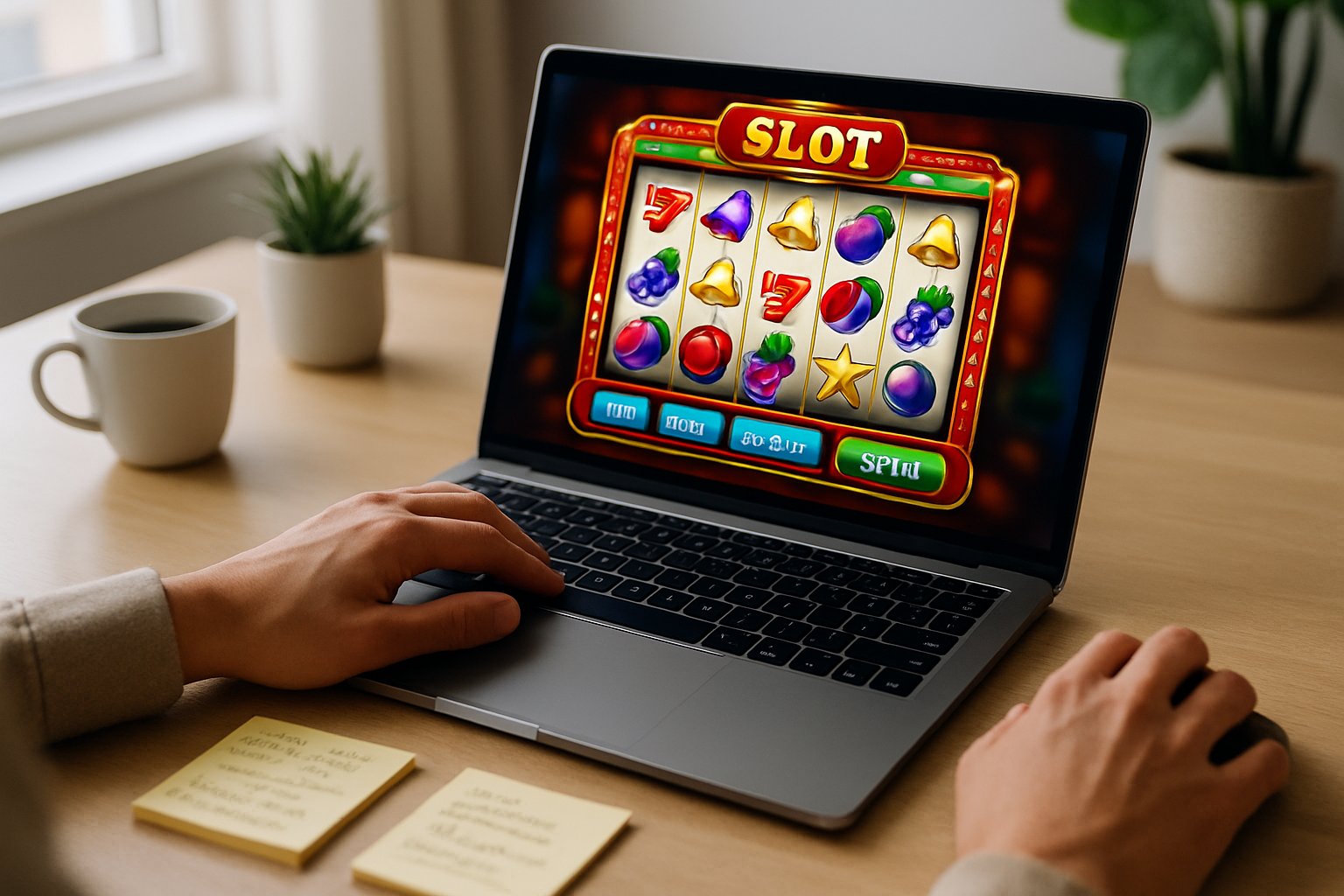 Seorang pengguna komputer di meja kerja dengan laptop yang menampilkan permainan slot online, dikelilingi oleh catatan dan ponsel, di ruangan yang terang dan rapi.