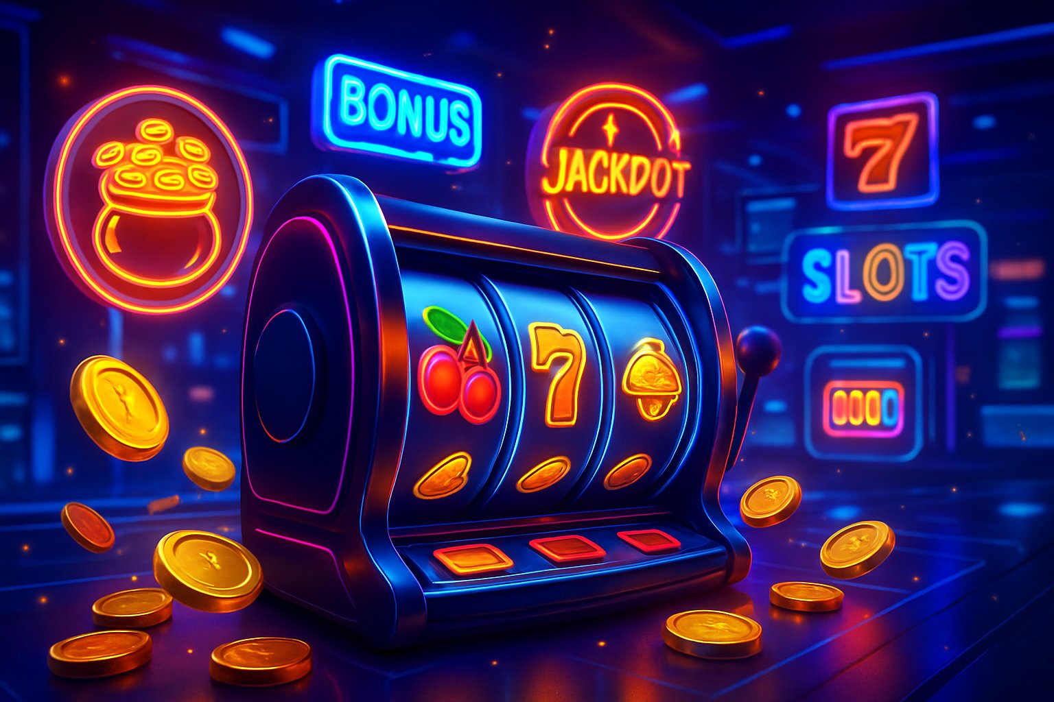 Mesin slot digital berwarna cerah dengan gulungan simbol klasik dan latar belakang kasino online futuristik.
