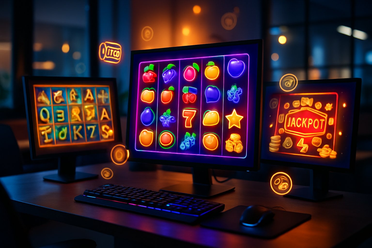 Suasana ruang kerja modern dengan beberapa layar menampilkan permainan slot digital berwarna-warni.