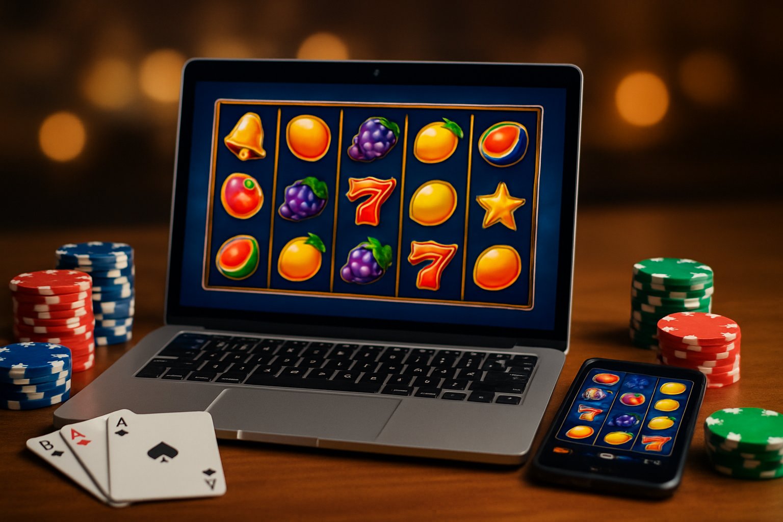 Sebuah laptop modern menampilkan permainan slot berwarna-warni dengan simbol buah dan koin emas, dikelilingi chip poker dan kartu remi di atas meja.