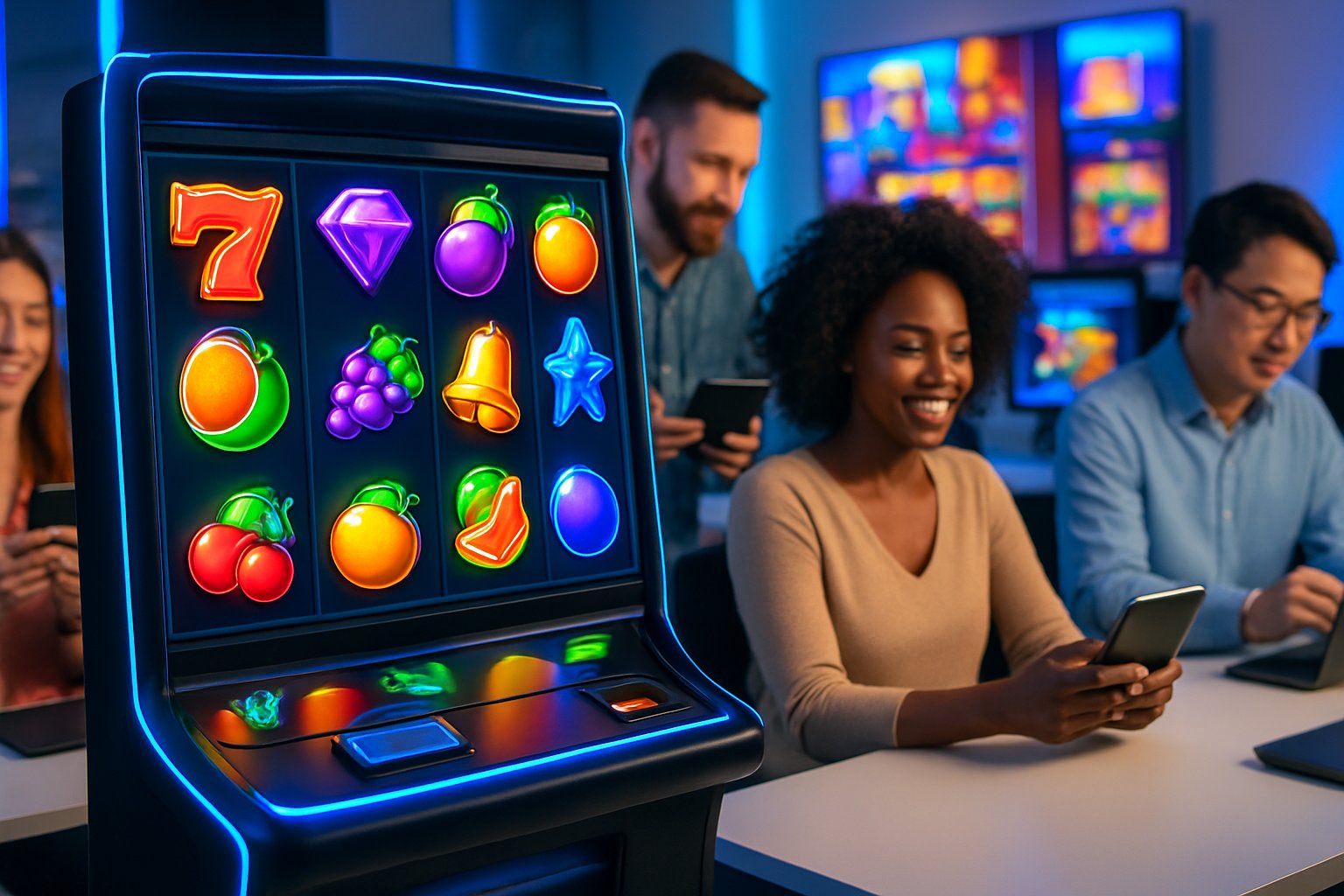 Orang-orang bermain game slot populer Pragmatic Play di perangkat digital dalam suasana kasino modern.