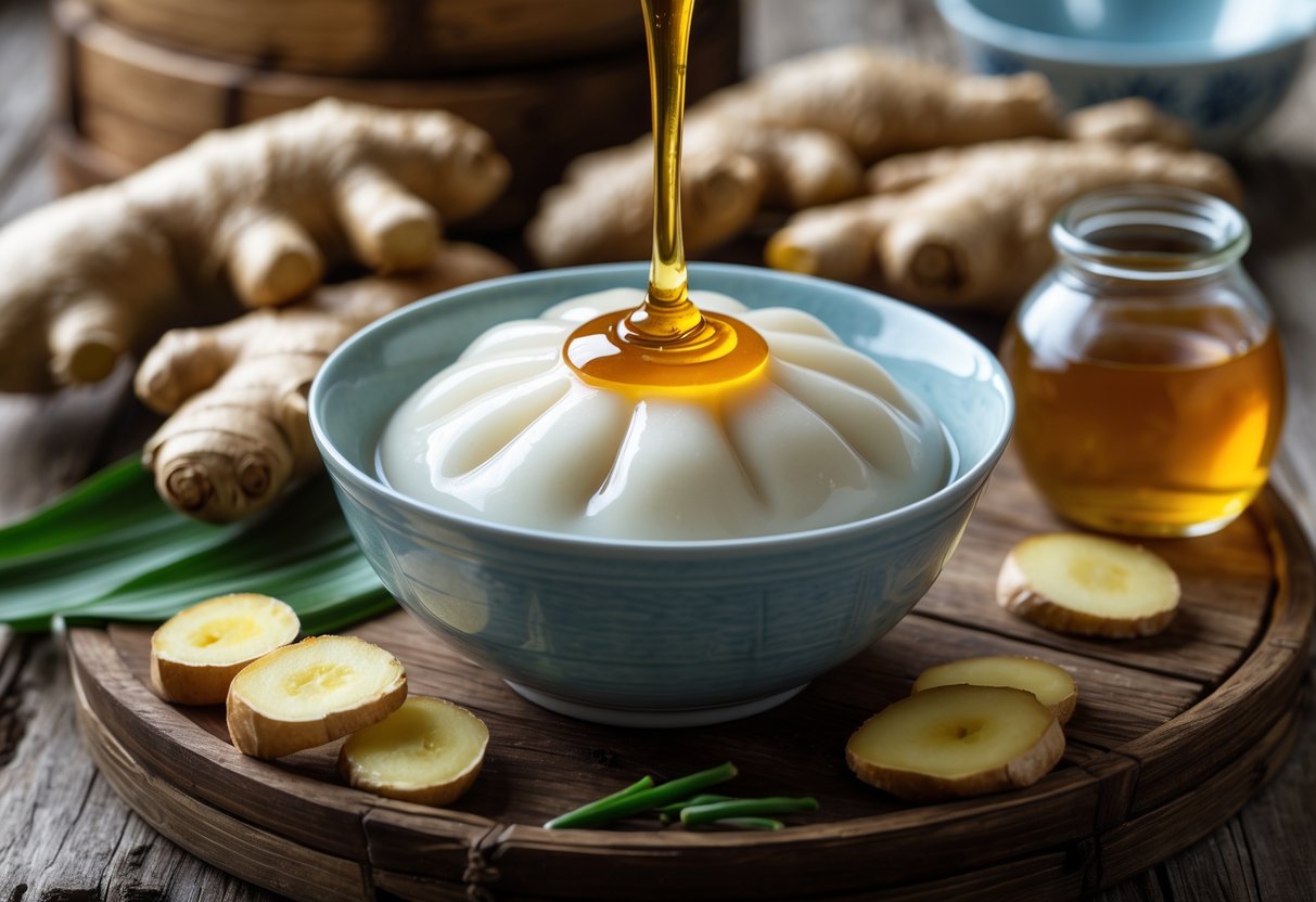 A bowl of white tofu pudding topped with ginger syrup, surrounded by fresh ginger roots, ginger slices, and a jar of ginger syrup on a wooden table.