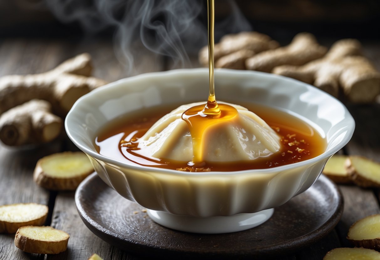 A bowl of smooth Chinese douhua topped with golden ginger syrup on a wooden surface.