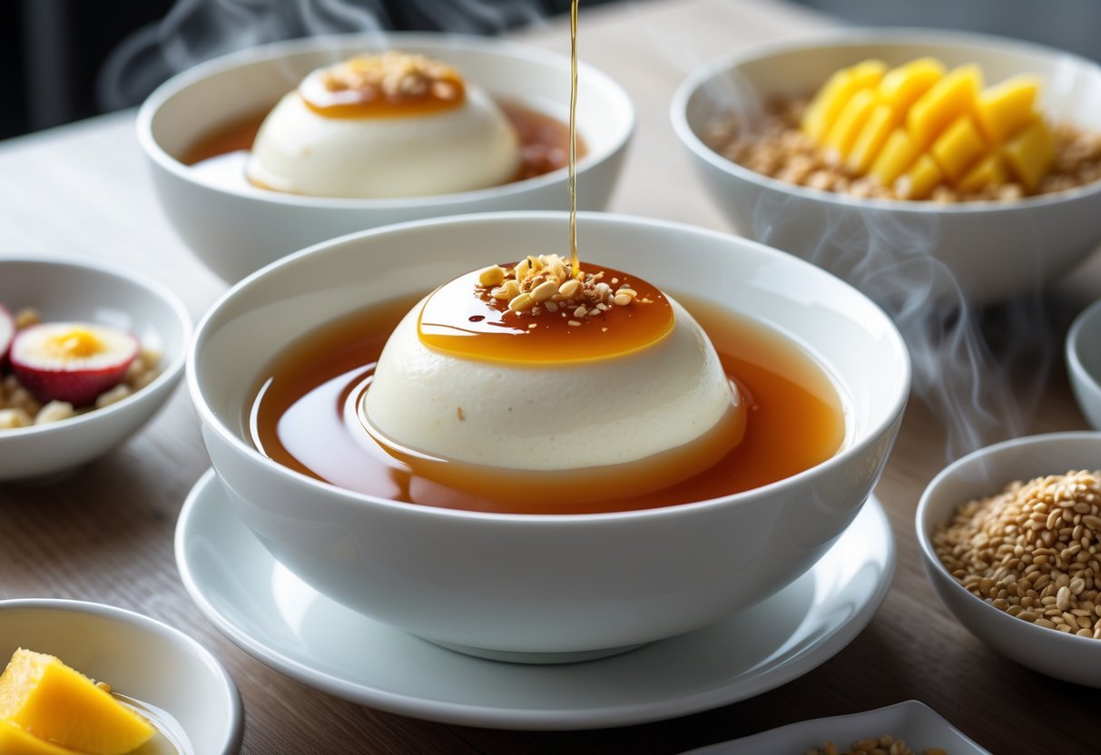 Bowls of Chinese silken tofu pudding topped with ginger syrup and accompanied by small dishes of nuts, fresh fruit, and sesame seeds on a wooden table.