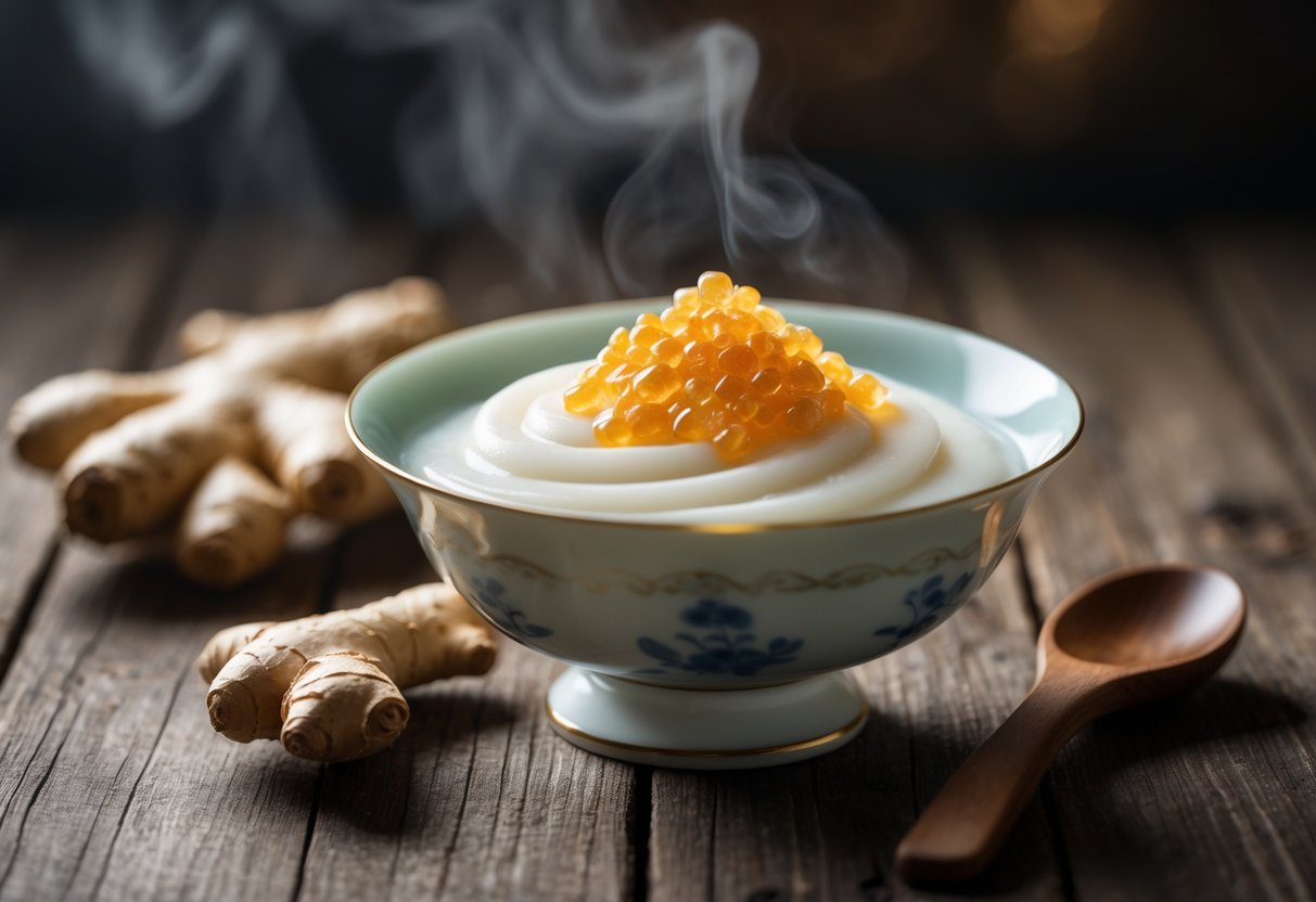 A bowl of Chinese douhua topped with ginger syrup on a wooden table, with fresh ginger and a wooden spoon nearby.