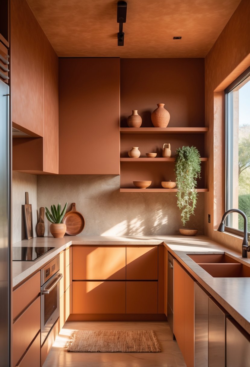 18 Stylish Kitchen Hues To Elevate Your Cooking Space 4 A modern kitchen with warm earthy tones, sleek cabinets, stone countertops, plants, and natural light.