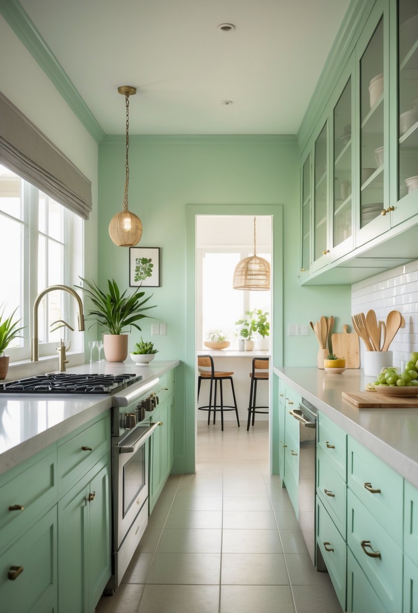 18 Stylish Kitchen Hues To Elevate Your Cooking Space 5 A bright kitchen with seafoam green cabinets, stainless steel appliances, and a large island with bar stools.