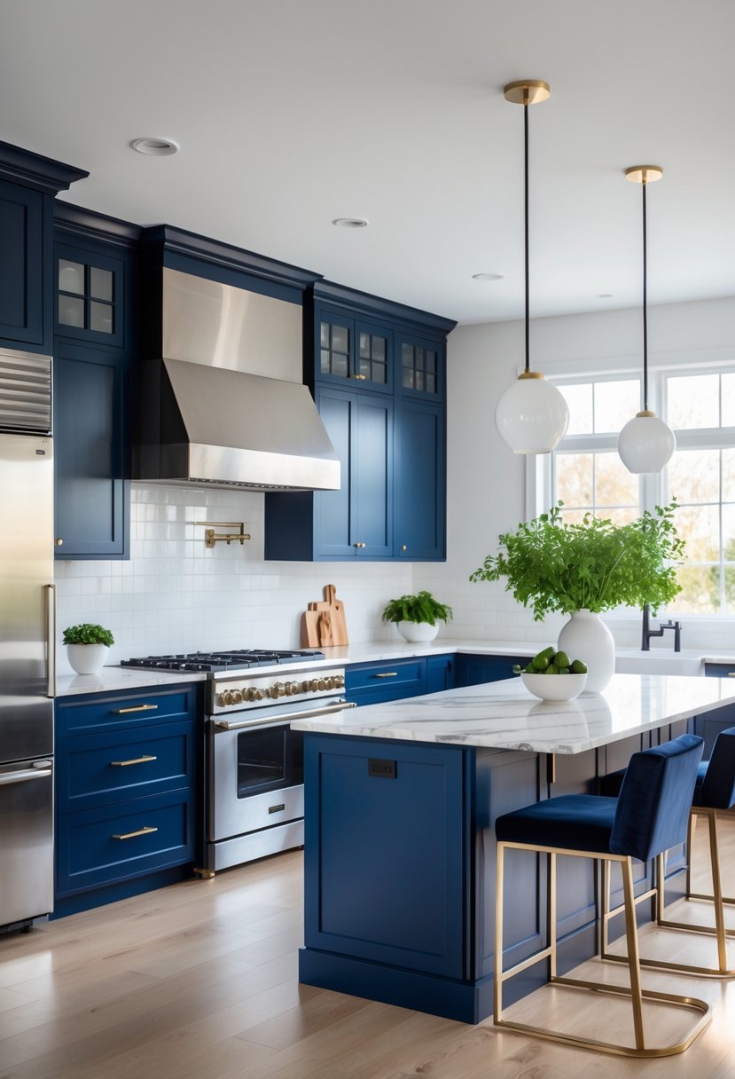 18 Stylish Kitchen Hues To Elevate Your Cooking Space 6 A spacious kitchen with navy blue cabinets, a large island, white countertops, stainless steel appliances, and natural light coming through windows.