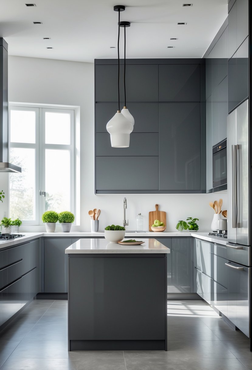 18 Stylish Kitchen Hues To Elevate Your Cooking Space 7 A modern kitchen with charcoal gray cabinets, a large island, stainless steel appliances, and natural light coming through windows.