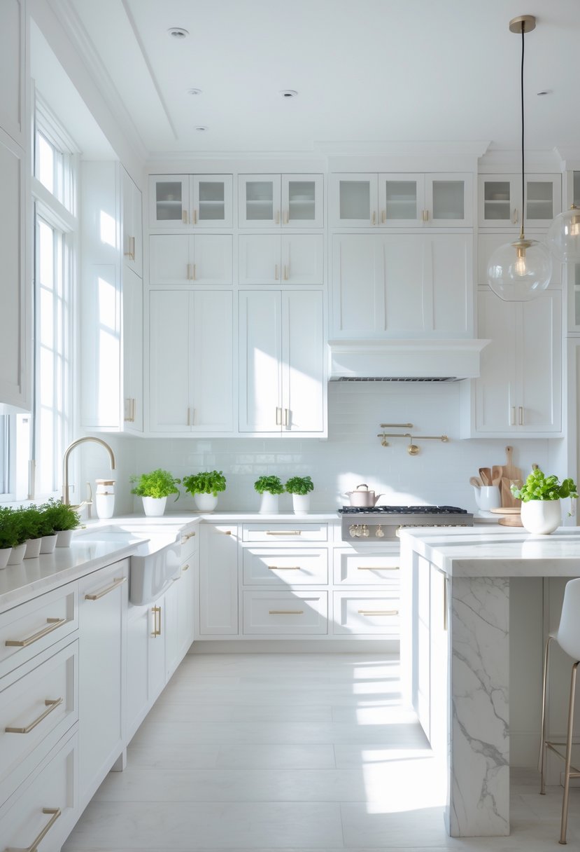 18 Stylish Kitchen Hues To Elevate Your Cooking Space 8 A bright modern kitchen with white cabinets, countertops, and stainless steel appliances, illuminated by natural light.