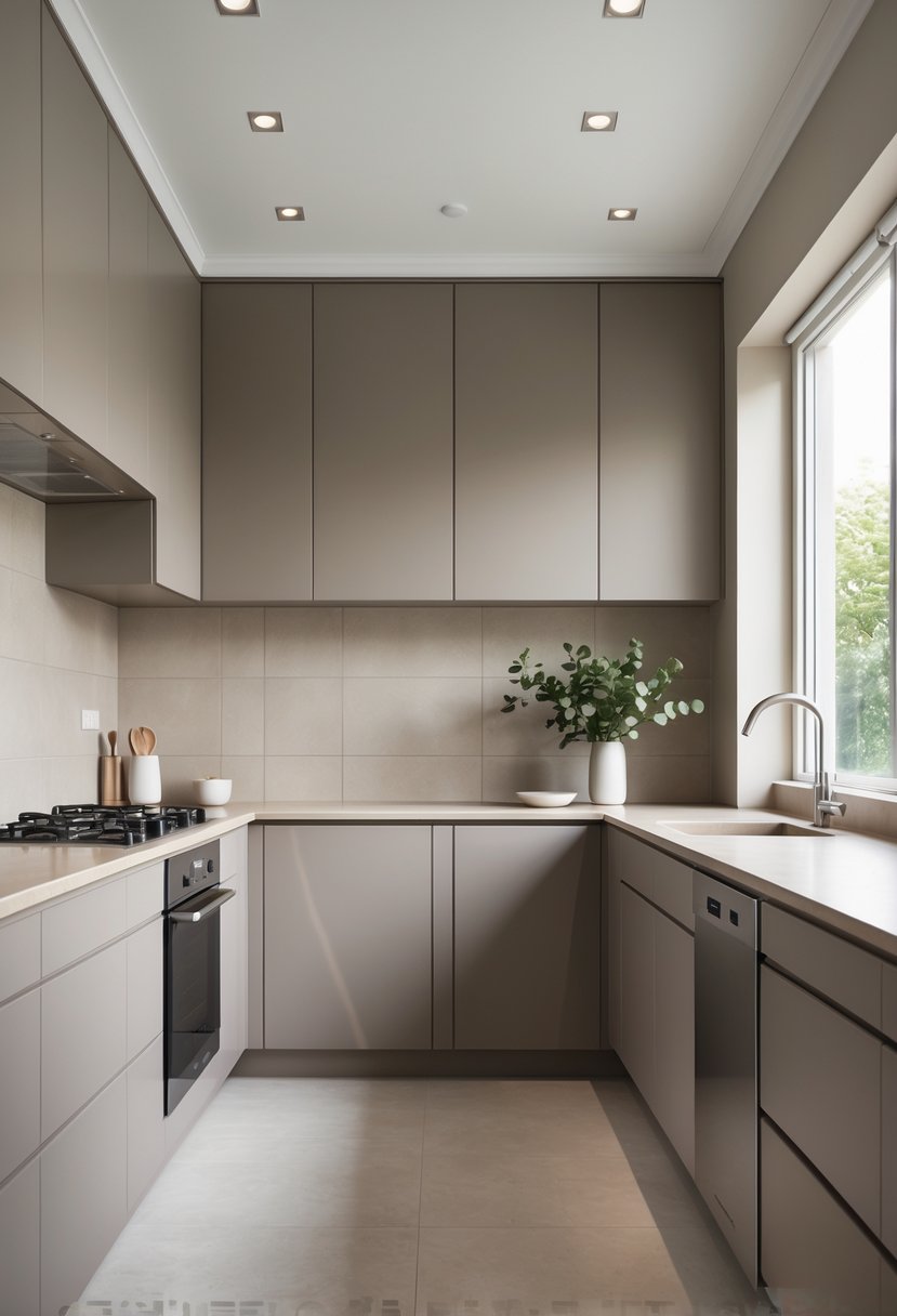 18 Stylish Kitchen Hues To Elevate Your Cooking Space 9 A modern kitchen with taupe-colored cabinets, a central island, and stainless steel appliances illuminated by natural light.