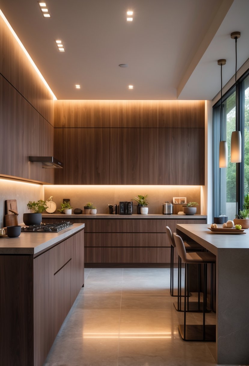 18 Stylish Kitchen Hues To Elevate Your Cooking Space 10 A modern kitchen with rich walnut brown cabinets, a stone countertop, stainless steel appliances, and a kitchen island with bar stools.