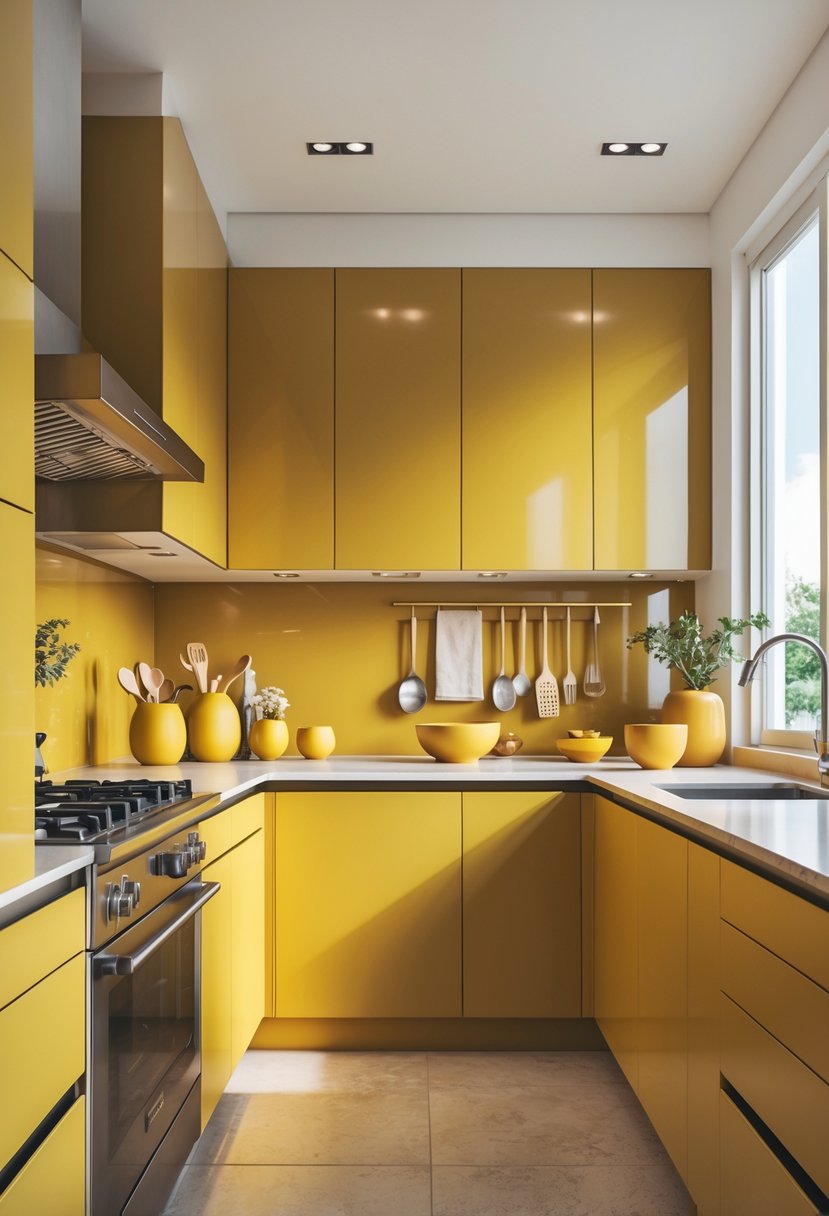 18 Stylish Kitchen Hues To Elevate Your Cooking Space 11 A modern kitchen with mustard yellow cabinets, countertops, and decorative items illuminated by natural light.