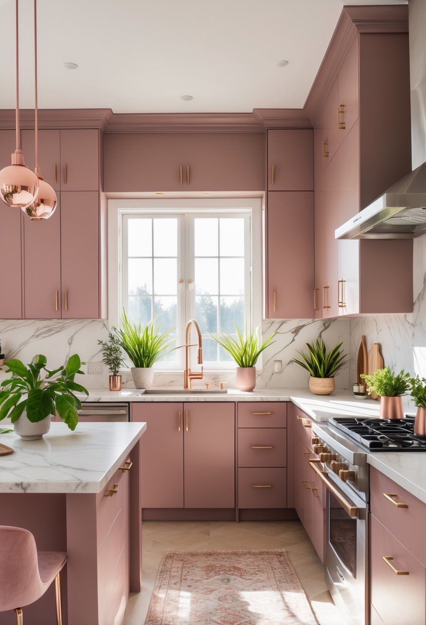18 Stylish Kitchen Hues To Elevate Your Cooking Space 12 A modern kitchen with dusty rose cabinets, white countertops, stainless steel appliances, and a central island with bar stools.
