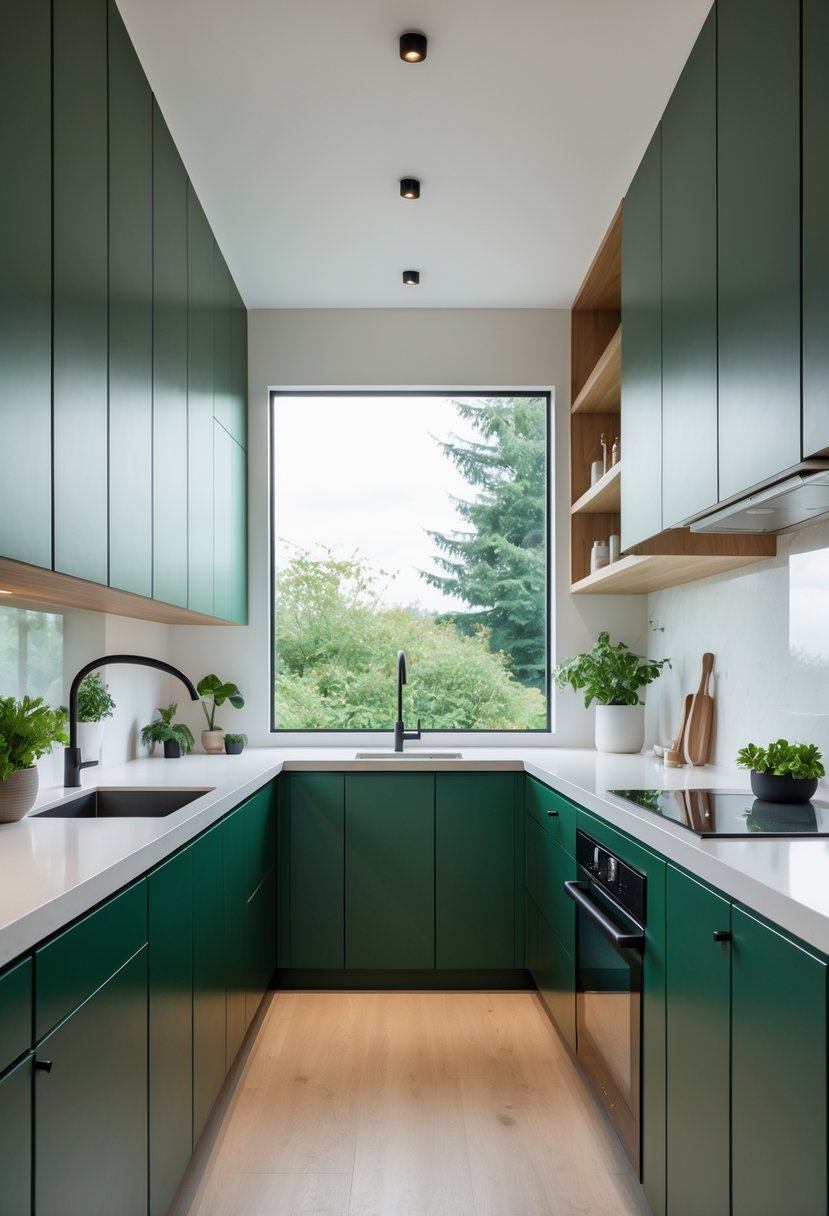 18 Stylish Kitchen Hues To Elevate Your Cooking Space 13 A spacious kitchen with deep green cabinets, wooden accents, stainless steel appliances, and large windows letting in natural light.