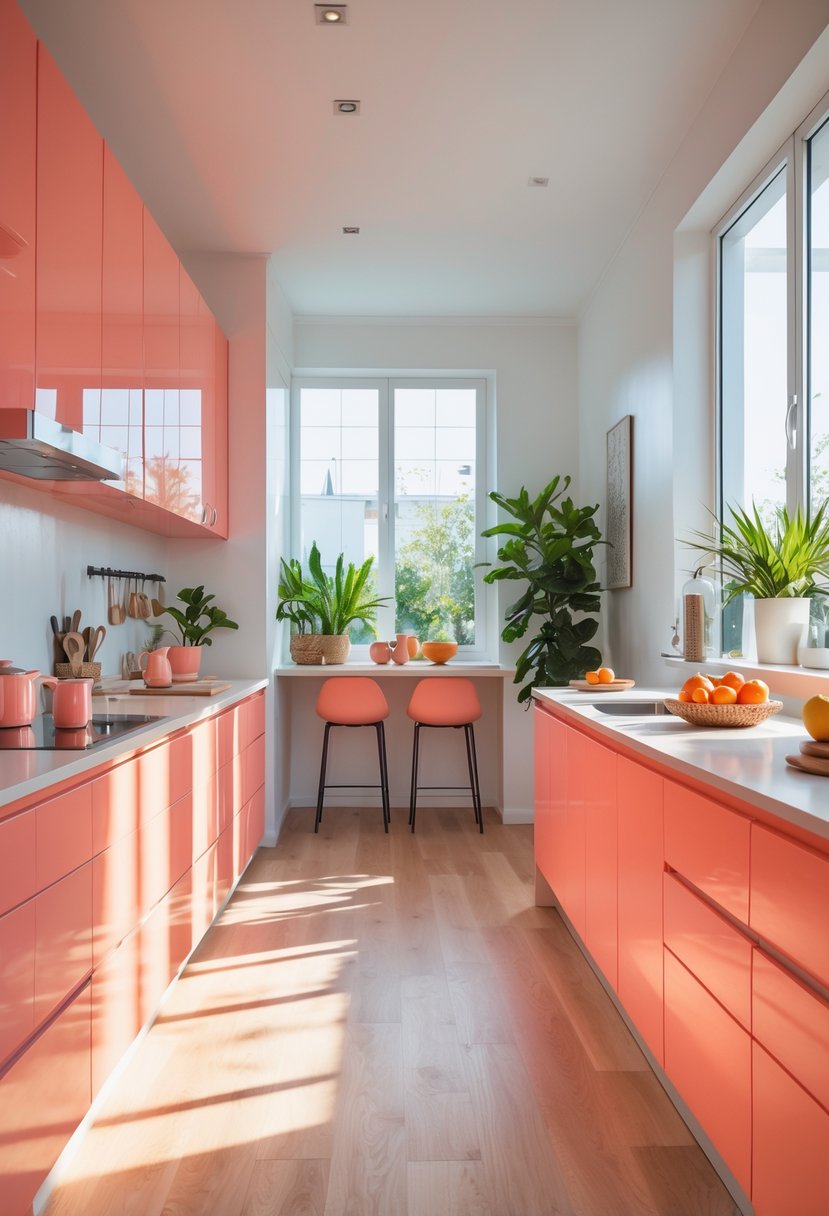 18 Stylish Kitchen Hues To Elevate Your Cooking Space 15 A bright kitchen with coral-colored cabinets, stainless steel appliances, a kitchen island with stools, and natural light coming through large windows.