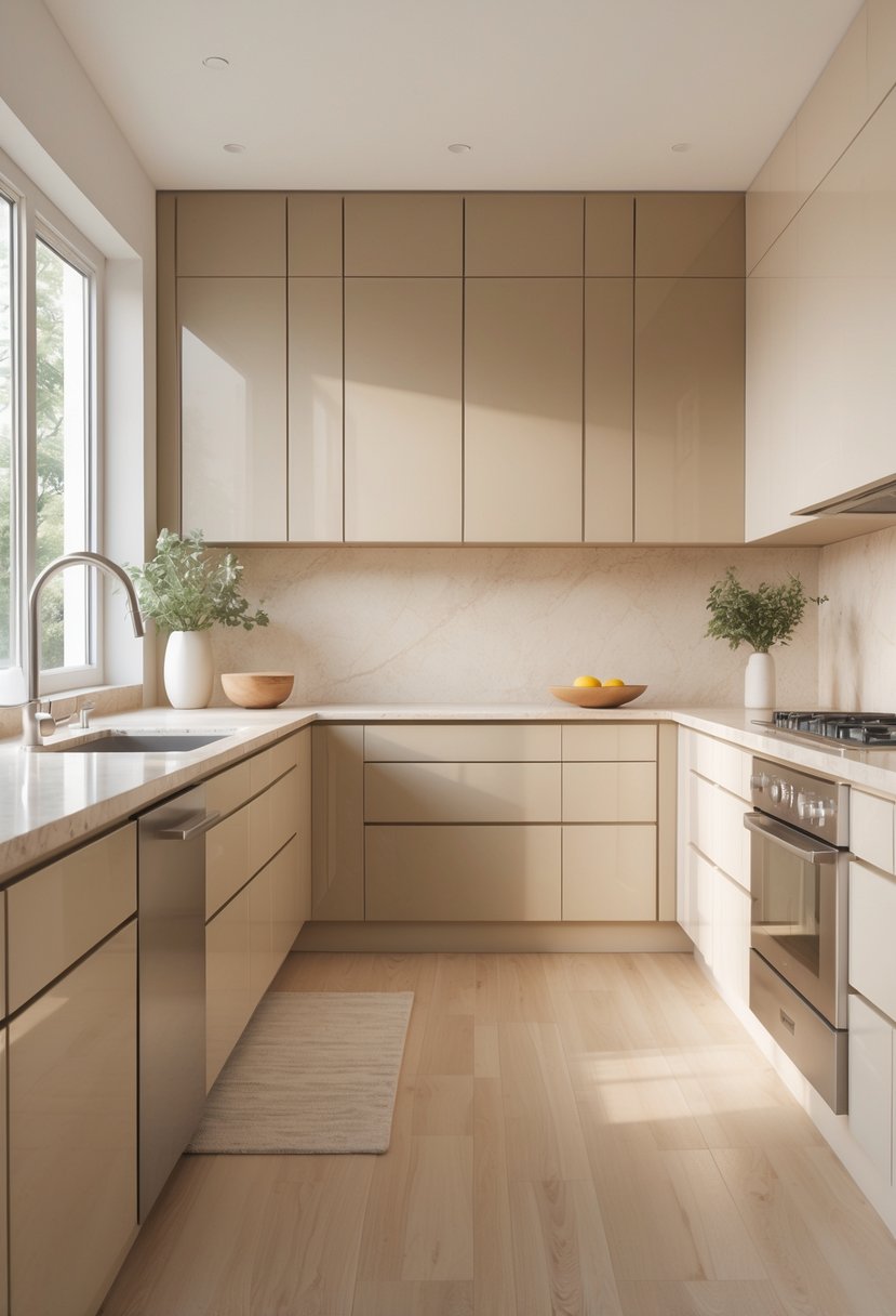 18 Stylish Kitchen Hues To Elevate Your Cooking Space 16 A modern kitchen with beige cabinets, marble countertops, stainless steel appliances, and natural light coming through large windows.