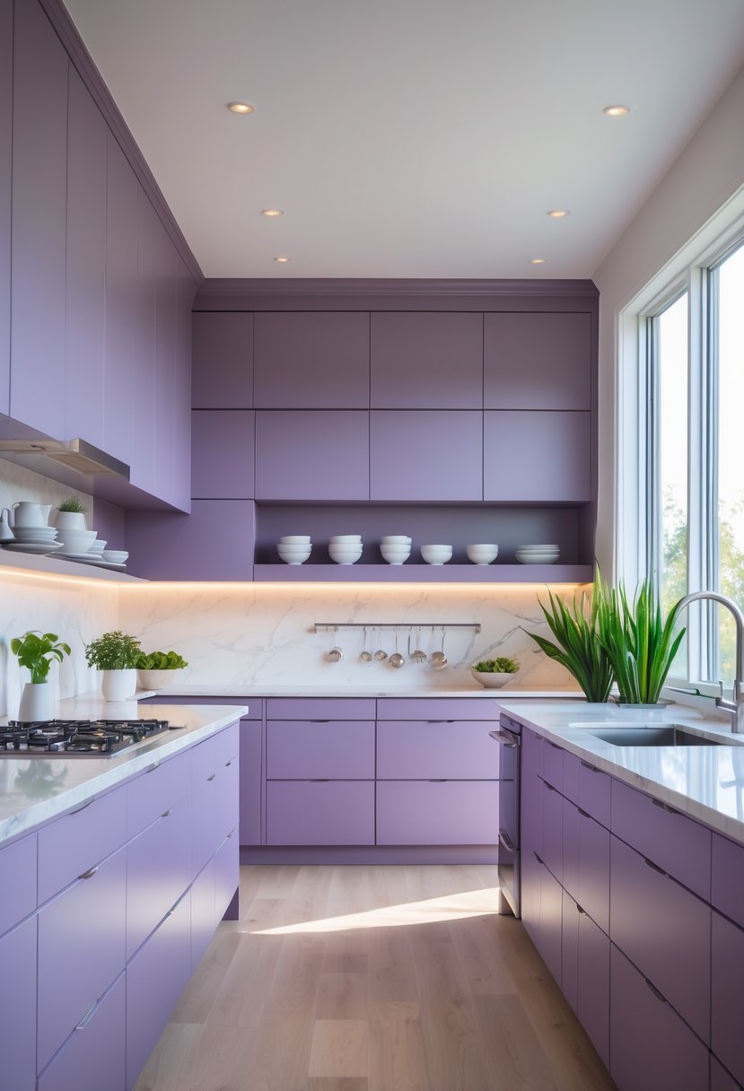 18 Stylish Kitchen Hues To Elevate Your Cooking Space 17 A modern kitchen with smoky lavender cabinets, white countertops, stainless steel appliances, and natural light coming through large windows.