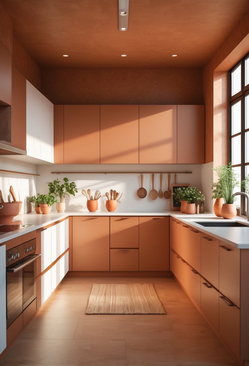 18 Stylish Kitchen Hues To Elevate Your Cooking Space 18 A modern kitchen with warm terracotta walls and cabinets, natural light, and green plants on the countertop.
