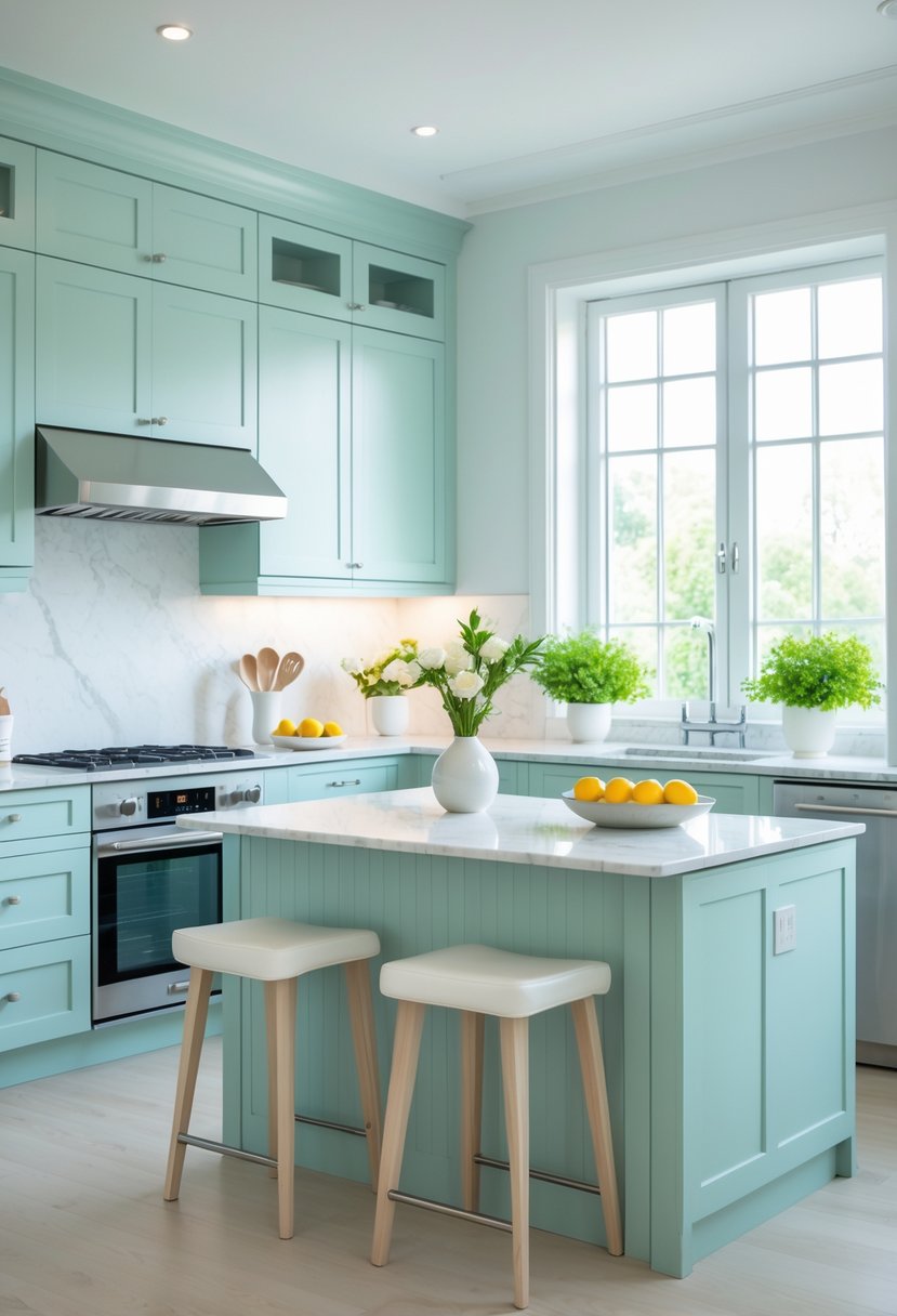 18 Stylish Kitchen Hues To Elevate Your Cooking Space 19 A bright kitchen with pale aqua cabinets, white countertops, stainless steel appliances, and natural light coming through large windows.
