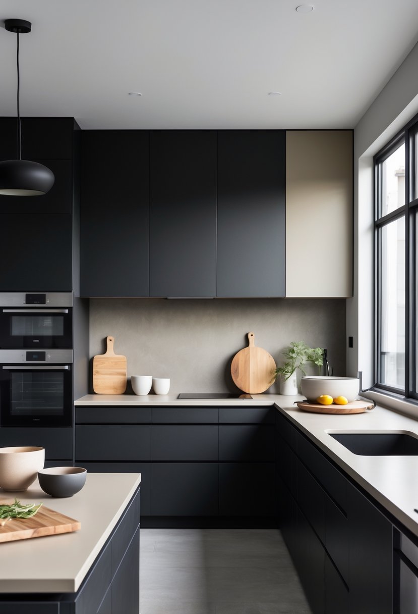 18 Stylish Kitchen Hues To Elevate Your Cooking Space 20 A modern kitchen with matte black cabinets, natural light, and various kitchen accessories on the countertop.